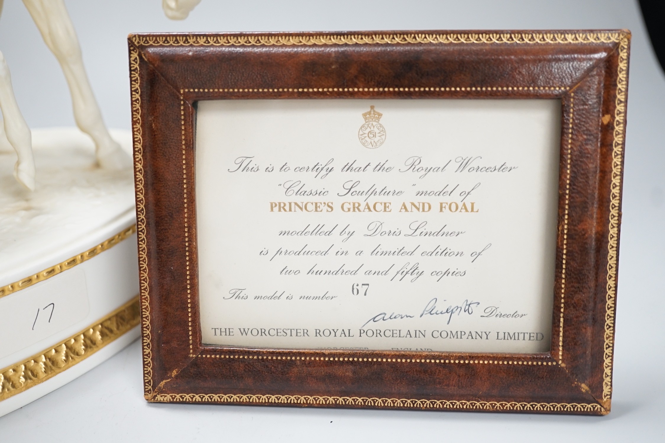 A Royal Worcester group ‘’Princess Grace and Foal’’, modelled by Doris Lindner (cracked). 22.5cm high